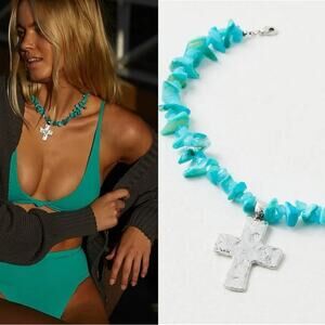 Free People Supernova Choker in Turquoise Blue NWT Western Bohemian Cross Beach